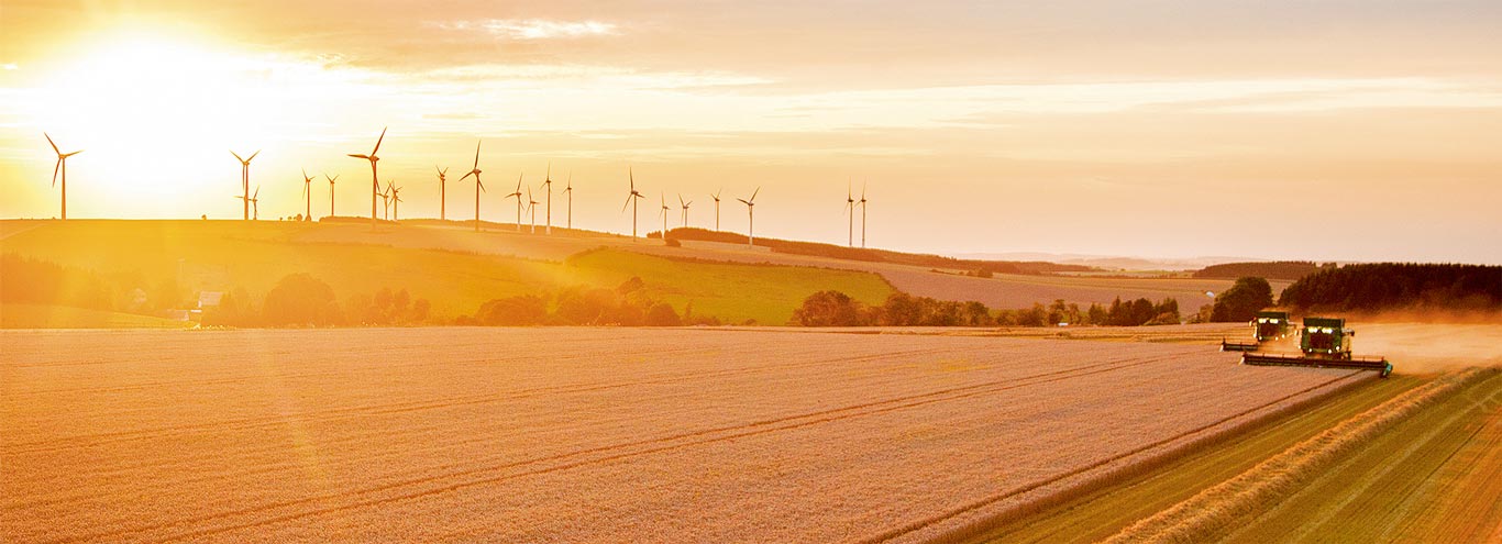 Two harvesters at work in a field with a windmill energy farm in the distance