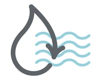 Gray icon of water droplet with arrow indicating sustainability to reuse back into larger water source waves icon